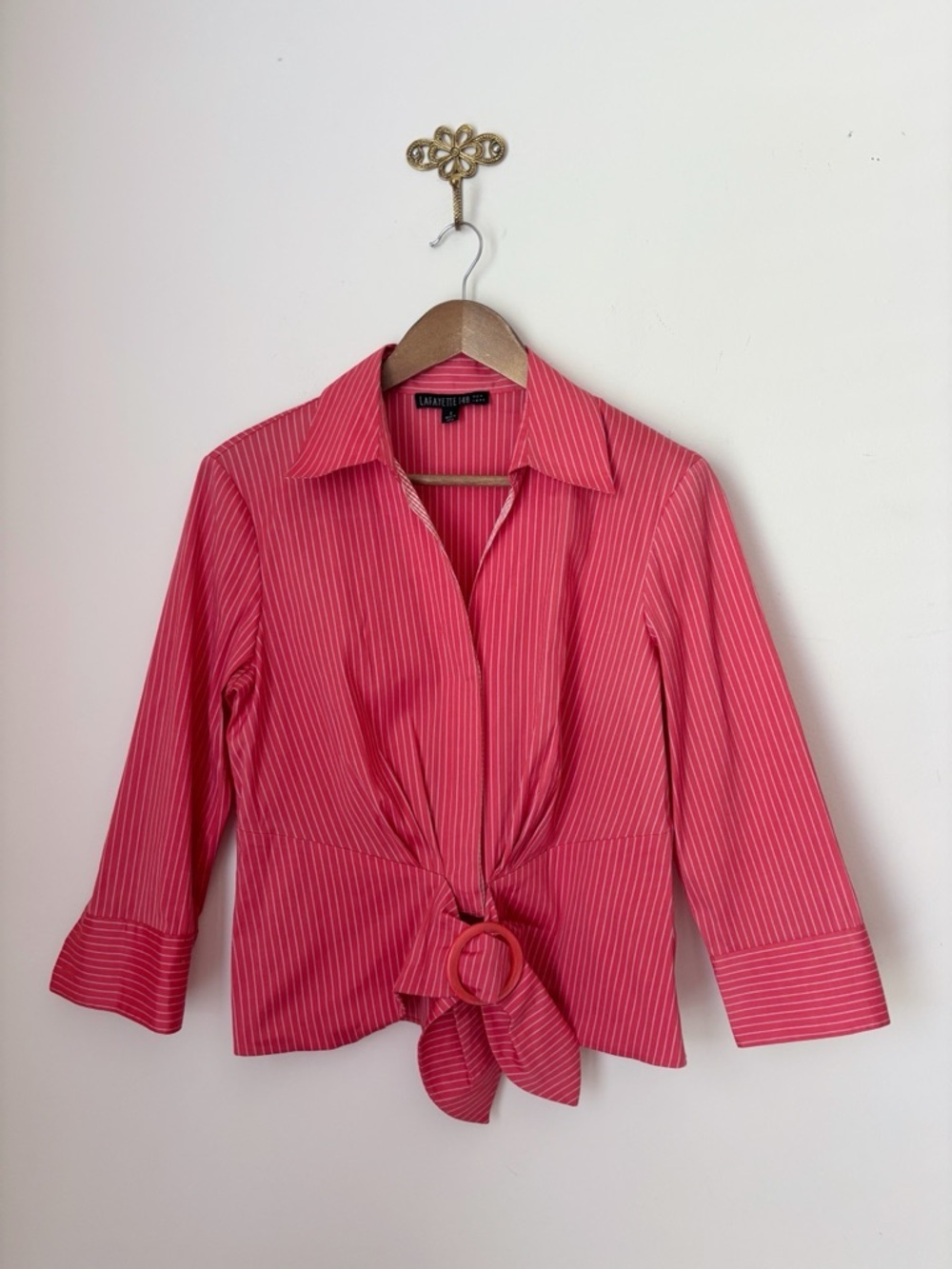 Lafayette 148 Pink Striped Buckle Front Shirt Sz 6 Summer Coastal - Picture 1 of 8